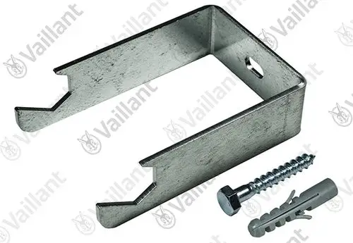 Metallhalter von Vaillant für Rohrgruppen mit Befestigungsschraube und Dübel, passende Montagevorrichtung ist sichtbar.